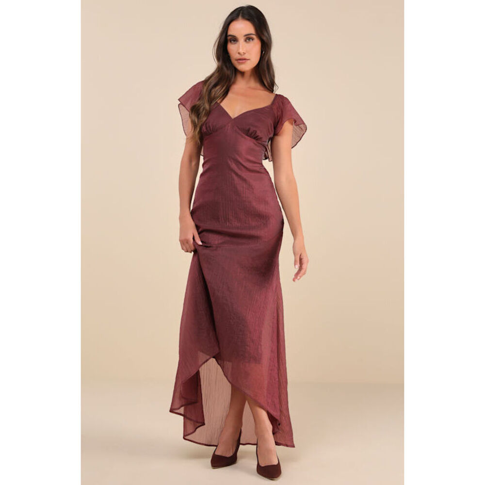 LuLus Mauve Purple Crinkled Flutter Sleeve Midi Dress